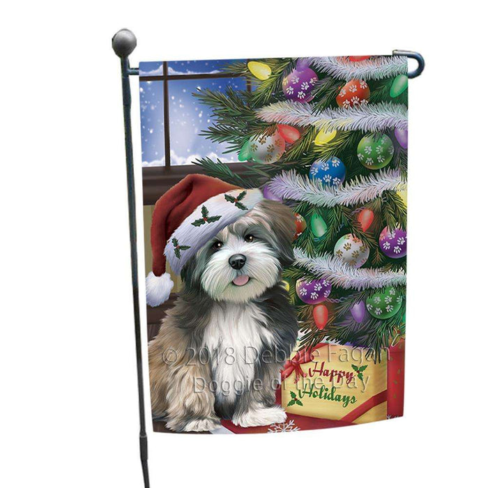 Christmas Happy Holidays Lhasa Apso Dog with Tree and Presents Garden Flag GFLG53902