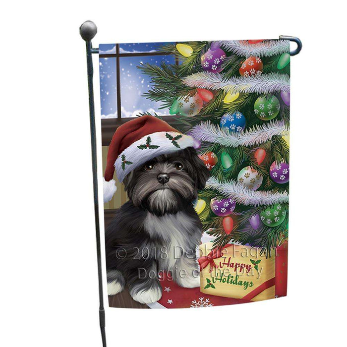 Christmas Happy Holidays Lhasa Apso Dog with Tree and Presents Garden Flag GFLG53903