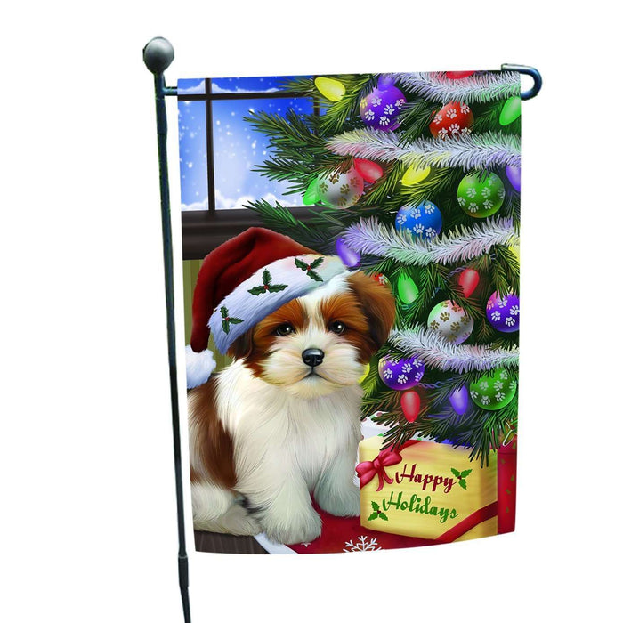 Christmas Happy Holidays Lhasa Apso Dog with Tree and Presents Garden Flag