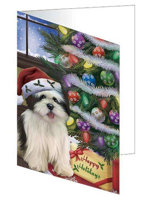 Christmas Happy Holidays Lhasa Apso Dog with Tree and Presents Handmade Artwork Assorted Pets Greeting Cards and Note Cards with Envelopes for All Occasions and Holiday Seasons GCD65546
