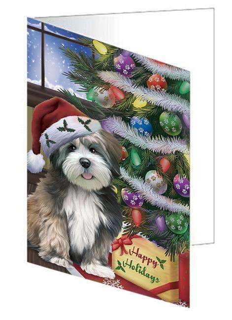 Christmas Happy Holidays Lhasa Apso Dog with Tree and Presents Handmade Artwork Assorted Pets Greeting Cards and Note Cards with Envelopes for All Occasions and Holiday Seasons GCD65549
