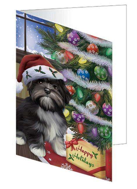 Christmas Happy Holidays Lhasa Apso Dog with Tree and Presents Handmade Artwork Assorted Pets Greeting Cards and Note Cards with Envelopes for All Occasions and Holiday Seasons GCD65552