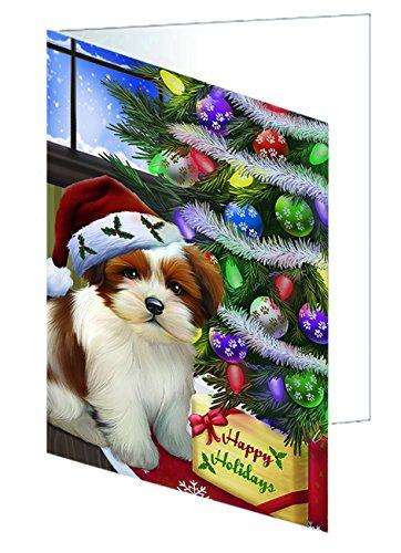 Christmas Happy Holidays Lhasa Apso Dog with Tree and Presents Handmade Artwork Assorted Pets Greeting Cards and Note Cards with Envelopes for All Occasions and Holiday Seasons