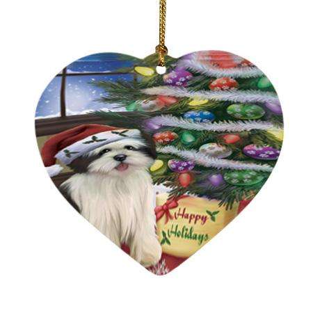 Christmas Happy Holidays Lhasa Apso Dog with Tree and Presents Heart Christmas Ornament HPOR53839