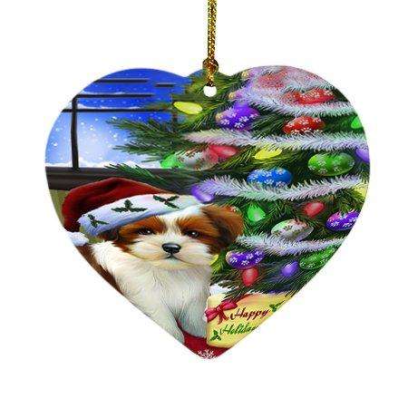 Christmas Happy Holidays Lhasa Apso Dog with Tree and Presents Heart Ornament D048