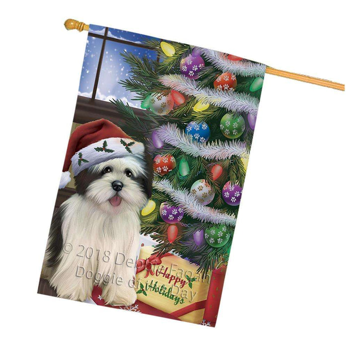 Christmas Happy Holidays Lhasa Apso Dog with Tree and Presents House Flag FLG54037