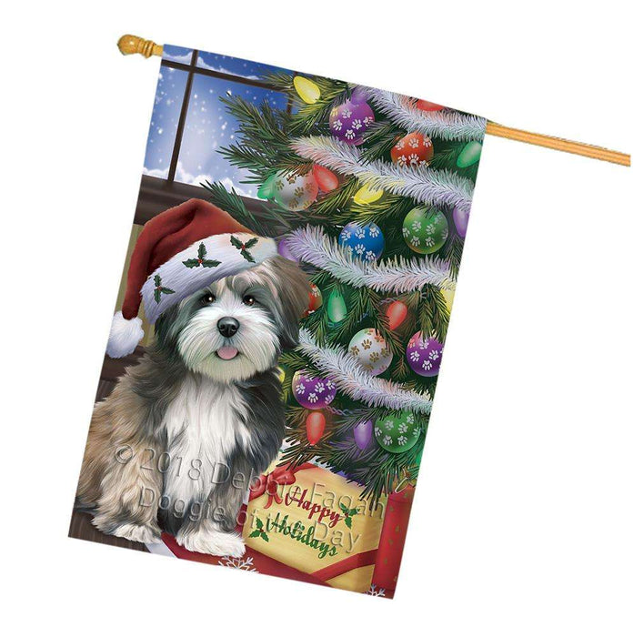 Christmas Happy Holidays Lhasa Apso Dog with Tree and Presents House Flag FLG54038