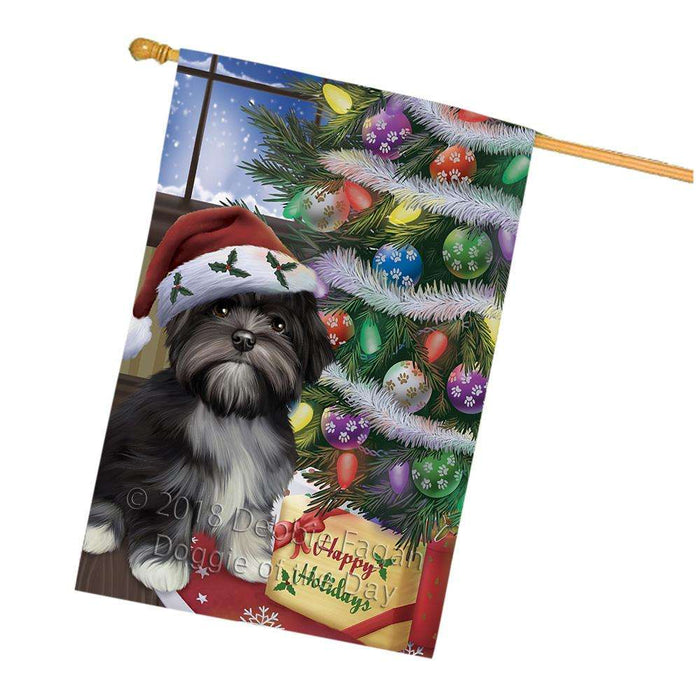Christmas Happy Holidays Lhasa Apso Dog with Tree and Presents House Flag FLG54039