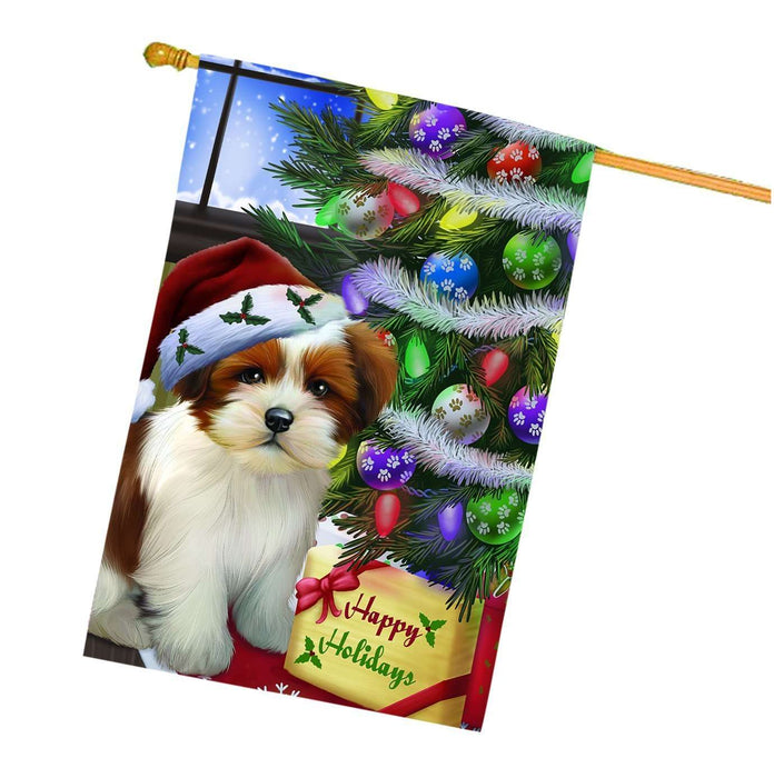 Christmas Happy Holidays Lhasa Apso Dog with Tree and Presents House Flag
