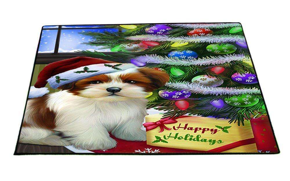Christmas Happy Holidays Lhasa Apso Dog with Tree and Presents Indoor/Outdoor Floormat