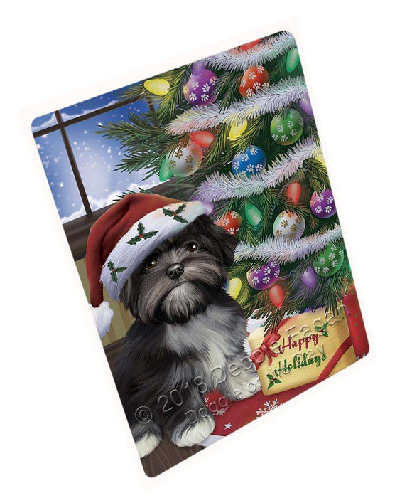 Christmas Happy Holidays Lhasa Apso Dog with Tree and Presents Large Refrigerator / Dishwasher Magnet RMAG83928