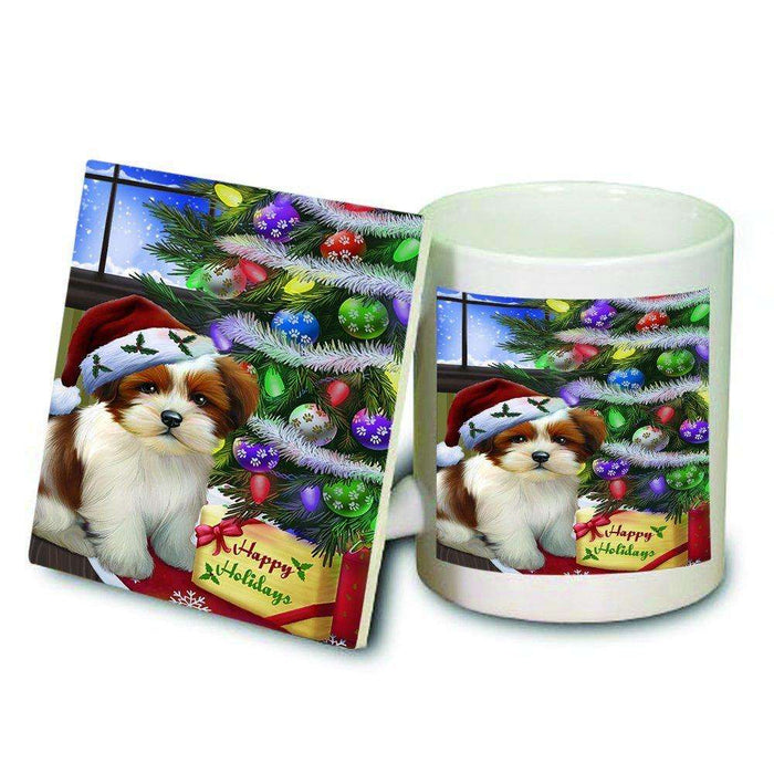Christmas Happy Holidays Lhasa Apso Dog with Tree and Presents Mug and Coaster Set