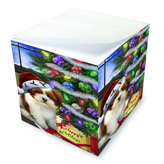 Christmas Happy Holidays Lhasa Apso Dog with Tree and Presents Note Cube D044