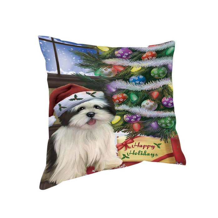 Christmas Happy Holidays Lhasa Apso Dog with Tree and Presents Pillow PIL71980