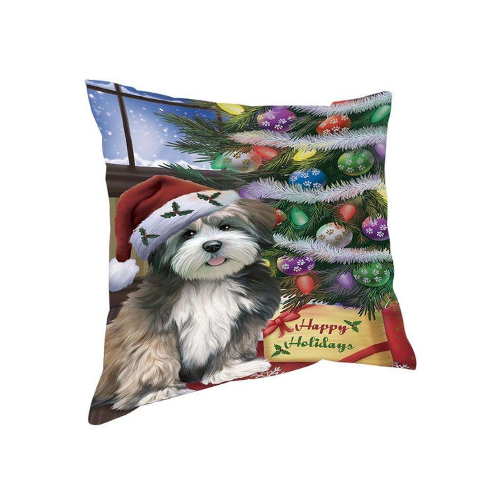 Christmas Happy Holidays Lhasa Apso Dog with Tree and Presents Pillow PIL71984