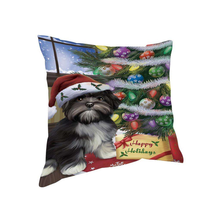 Christmas Happy Holidays Lhasa Apso Dog with Tree and Presents Pillow PIL71988