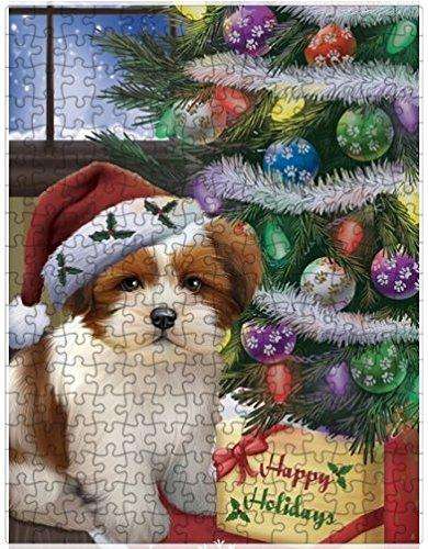 Christmas Happy Holidays Lhasa Apso Dog with Tree and Presents Puzzle with Photo Tin D018