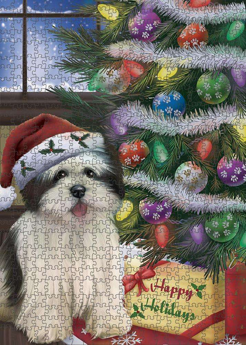 Christmas Happy Holidays Lhasa Apso Dog with Tree and Presents Puzzle with Photo Tin PUZL82512