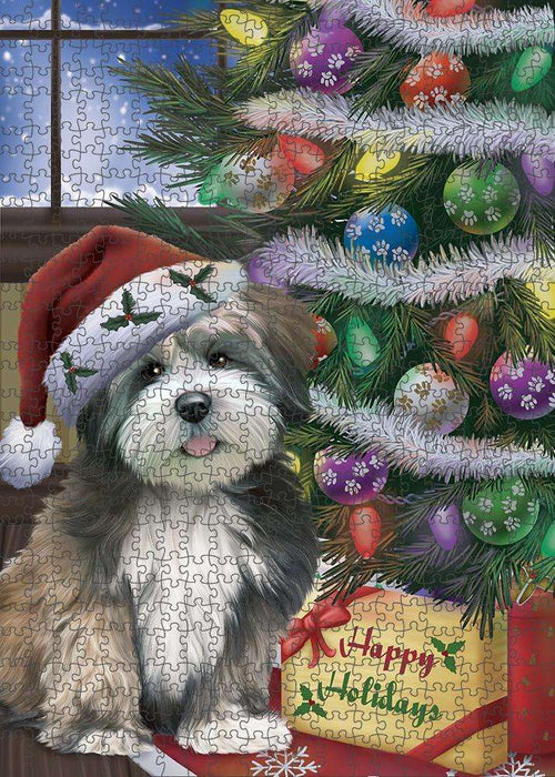 Christmas Happy Holidays Lhasa Apso Dog with Tree and Presents Puzzle with Photo Tin PUZL82516