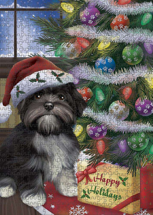 Christmas Happy Holidays Lhasa Apso Dog with Tree and Presents Puzzle with Photo Tin PUZL83000