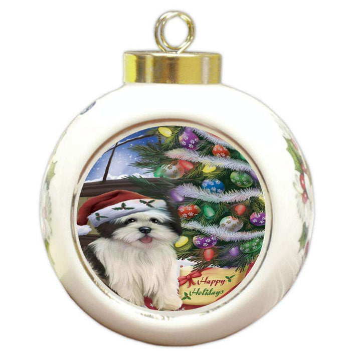 Christmas Happy Holidays Lhasa Apso Dog with Tree and Presents Round Ball Christmas Ornament RBPOR53839