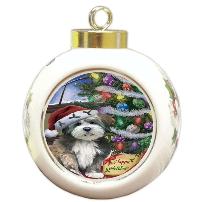 Christmas Happy Holidays Lhasa Apso Dog with Tree and Presents Round Ball Christmas Ornament RBPOR53840