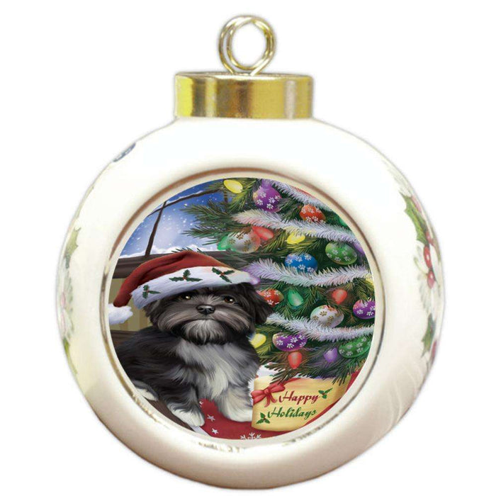 Christmas Happy Holidays Lhasa Apso Dog with Tree and Presents Round Ball Christmas Ornament RBPOR53841