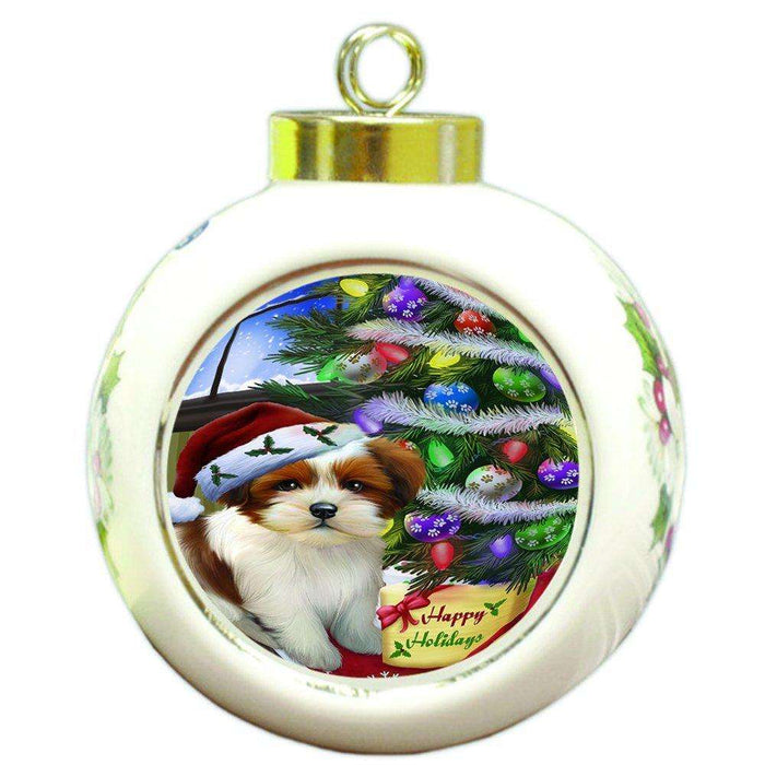 Christmas Happy Holidays Lhasa Apso Dog with Tree and Presents Round Ball Ornament D048