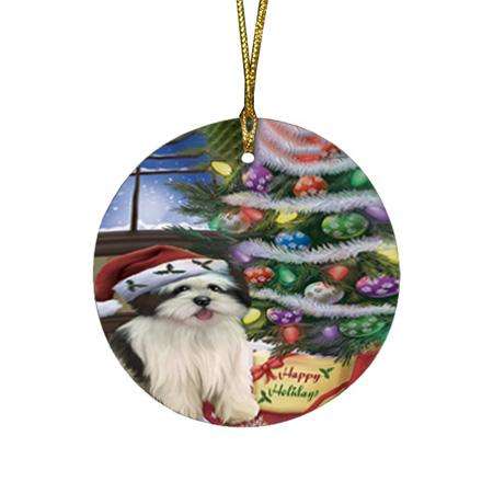 Christmas Happy Holidays Lhasa Apso Dog with Tree and Presents Round Flat Christmas Ornament RFPOR53830