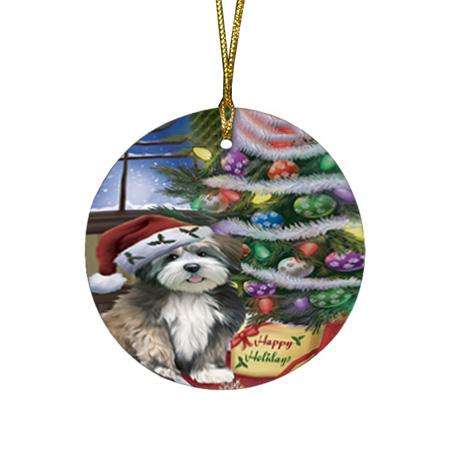 Christmas Happy Holidays Lhasa Apso Dog with Tree and Presents Round Flat Christmas Ornament RFPOR53831