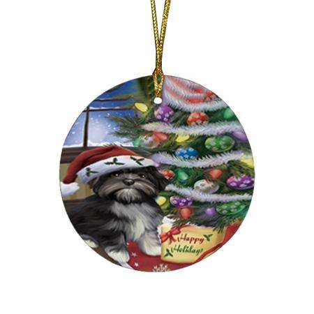 Christmas Happy Holidays Lhasa Apso Dog with Tree and Presents Round Flat Christmas Ornament RFPOR53832