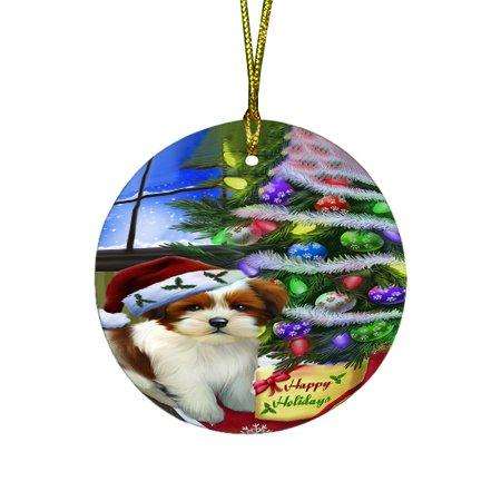 Christmas Happy Holidays Lhasa Apso Dog with Tree and Presents Round Ornament D048