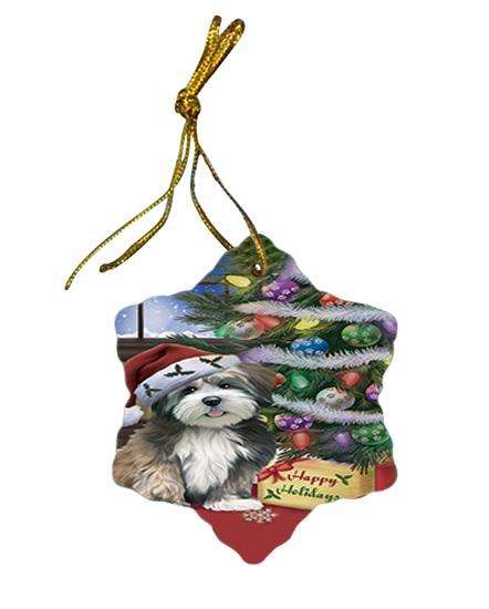 Christmas Happy Holidays Lhasa Apso Dog with Tree and Presents Star Porcelain Ornament SPOR53831