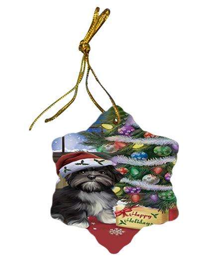 Christmas Happy Holidays Lhasa Apso Dog with Tree and Presents Star Porcelain Ornament SPOR53832