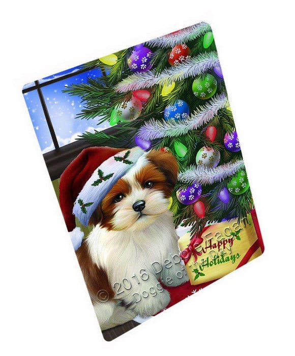 Christmas Happy Holidays Lhasa Apso Dog with Tree and Presents Tempered Cutting Board (Small)