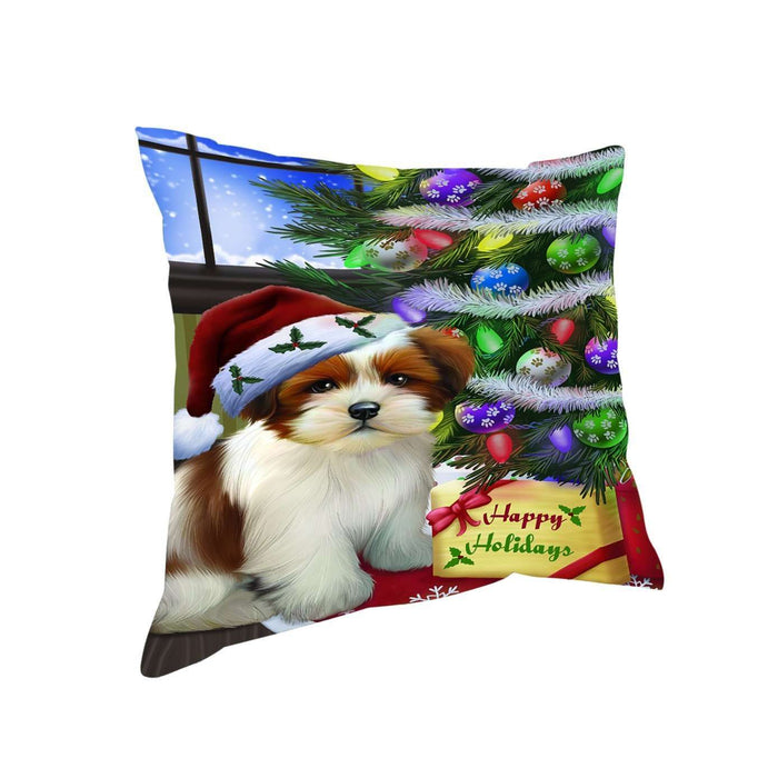 Christmas Happy Holidays Lhasa Apso Dog with Tree and Presents Throw Pillow
