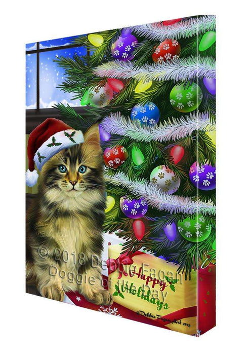 Christmas Happy Holidays Maine Coon Cat with Tree and Presents Canvas Print Wall Art Décor CVS99017