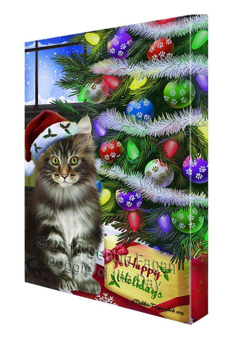 Christmas Happy Holidays Maine Coon Cat with Tree and Presents Canvas Print Wall Art Décor CVS99026