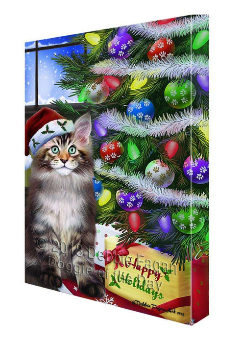 Christmas Happy Holidays Maine Coon Cat with Tree and Presents Canvas Print Wall Art Décor CVS99035