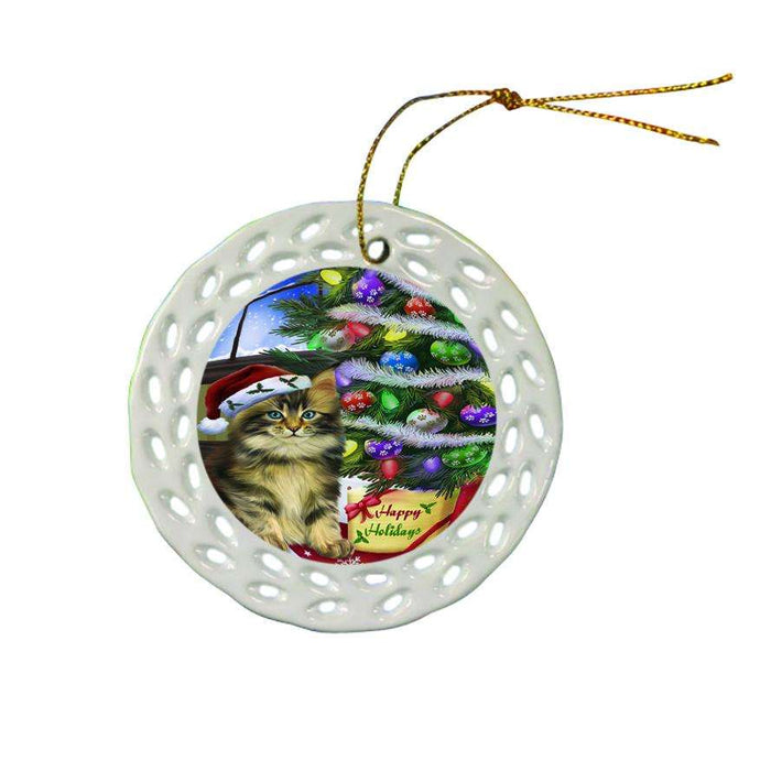 Christmas Happy Holidays Maine Coon Cat with Tree and Presents Ceramic Doily Ornament DPOR53463