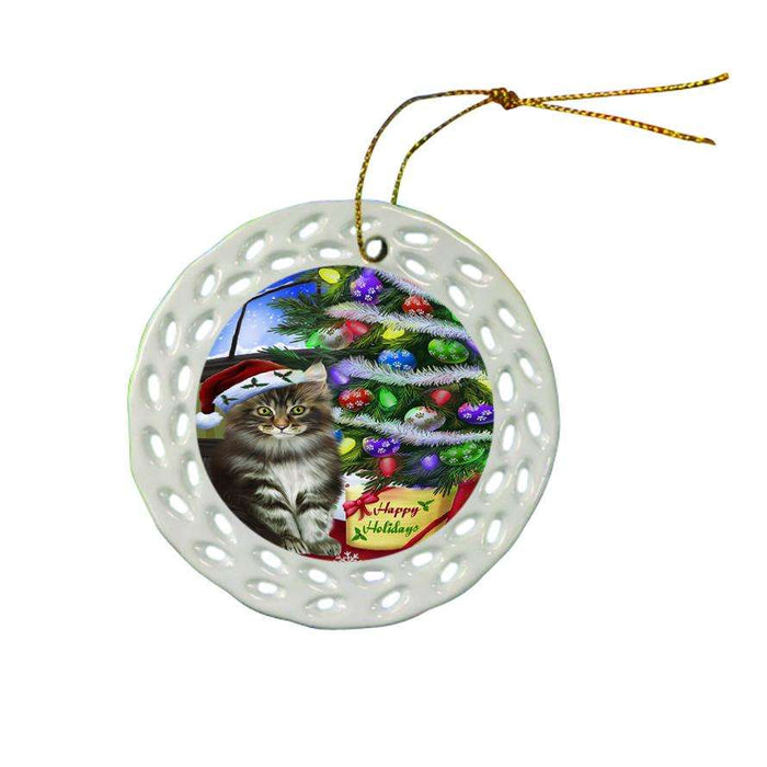 Christmas Happy Holidays Maine Coon Cat with Tree and Presents Ceramic Doily Ornament DPOR53464