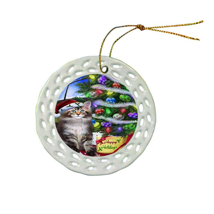Christmas Happy Holidays Maine Coon Cat with Tree and Presents Ceramic Doily Ornament DPOR53465