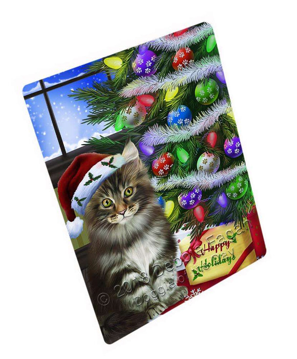 Christmas Happy Holidays Maine Coon Cat with Tree and Presents Cutting Board C64836