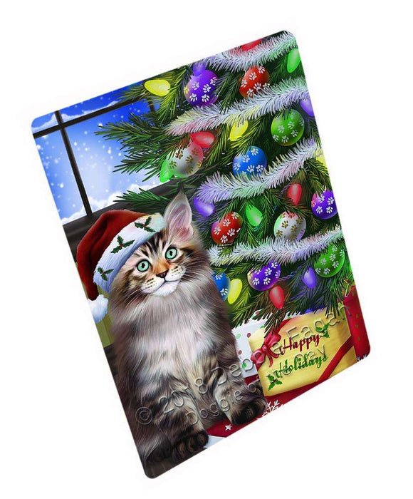 Christmas Happy Holidays Maine Coon Cat with Tree and Presents Cutting Board C64839