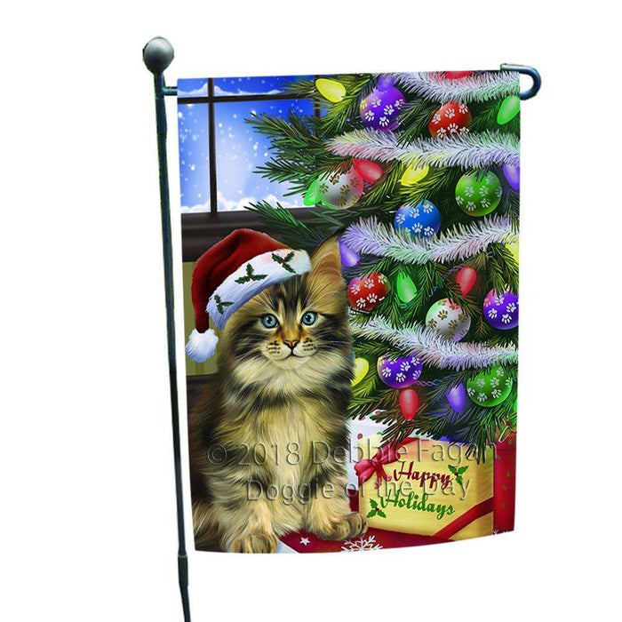 Christmas Happy Holidays Maine Coon Cat with Tree and Presents Garden Flag GFLG53525
