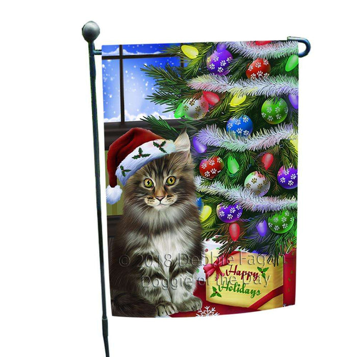 Christmas Happy Holidays Maine Coon Cat with Tree and Presents Garden Flag GFLG53526