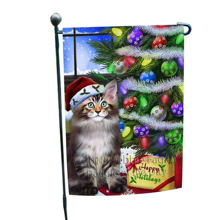Christmas Happy Holidays Maine Coon Cat with Tree and Presents Garden Flag GFLG53527