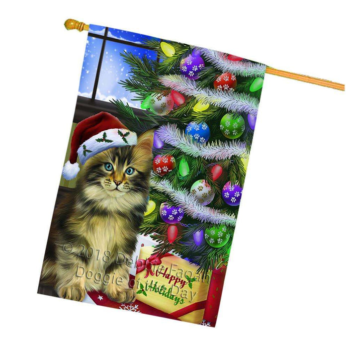 Christmas Happy Holidays Maine Coon Cat with Tree and Presents House Flag FLG53661