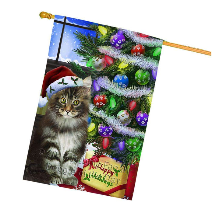 Christmas Happy Holidays Maine Coon Cat with Tree and Presents House Flag FLG53662