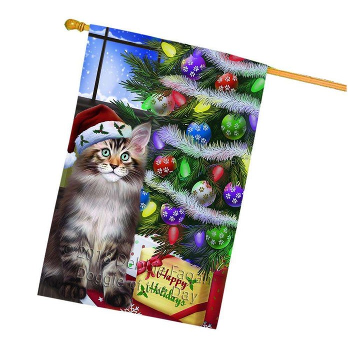 Christmas Happy Holidays Maine Coon Cat with Tree and Presents House Flag FLG53663
